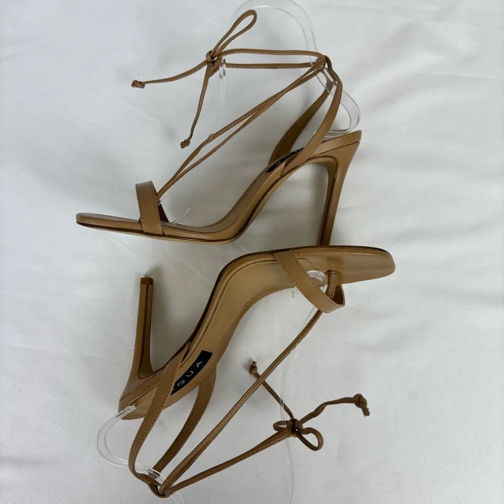 Aqua Stilleto Heels Leather Dressy Slip On Ankle Tie Thong Sandals Beige Size 9 - Picture 10 of 15